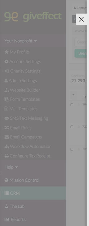 Giveffect CRM menu screenshot