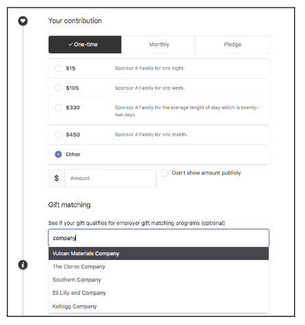 Example of a donation checkout page including a dropdown menu for corporate gift matching