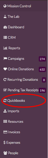 Quickbooks tab within Giveffect side bar