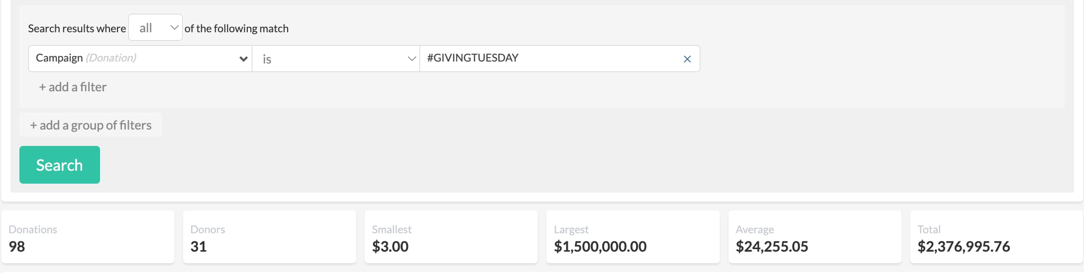 Giveffect dashboards show real-time totals that update based on search filters. 
